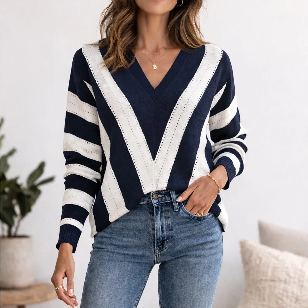 Women's V-Neck Striped Sweater - Blue and White - Picture 2 of 2